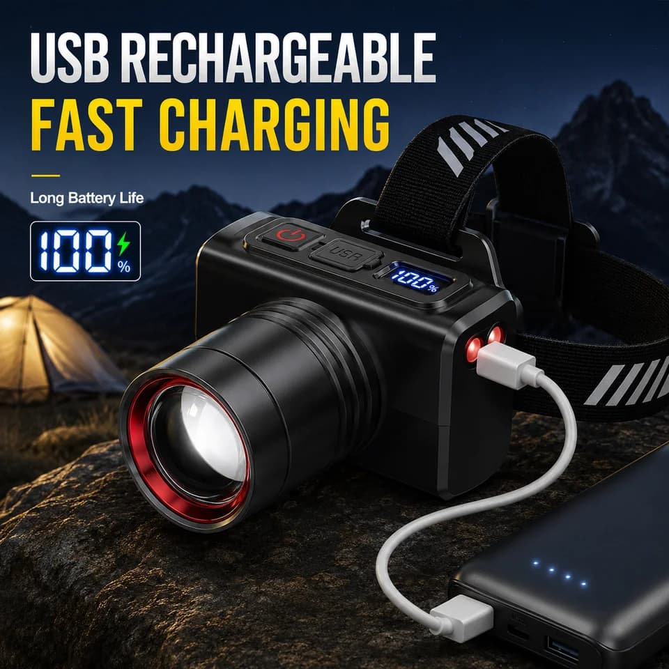 LED Rechargeable Head Torch | Adjustable Zoom & Ultra Bright | USB for Work & Outdoors - Thumbnail 7