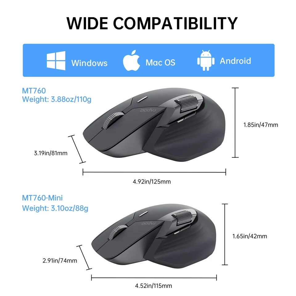 Rapoo MT760L/MT760M Wireless Mouse | Ergonomic, 4000 DPI | Multi-Device Bluetooth - Thumbnail 6