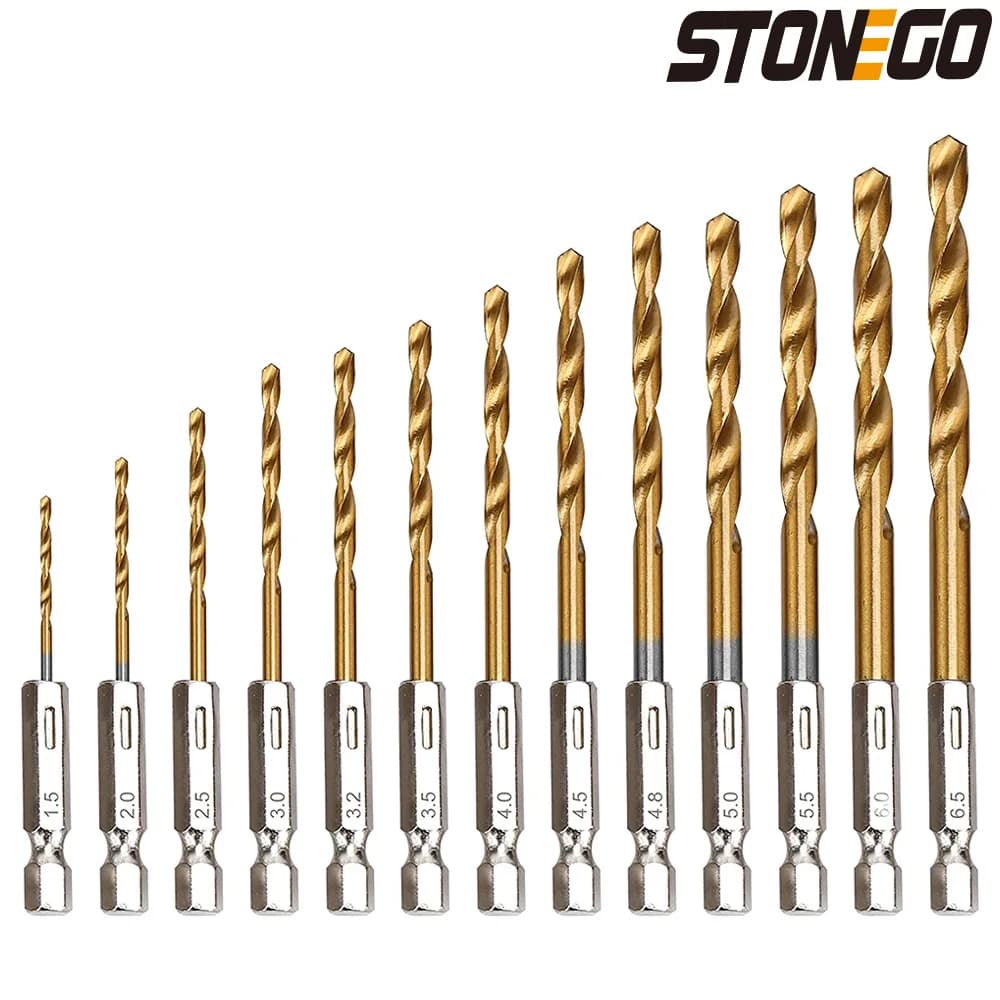 STONEGO 13PCS 1.5mm-6.5mm Drill Bit Set Titanium Coated High Speed Steel Hex Shank Hole Opener For Wood Plastic Aluminum - Thumbnail 2