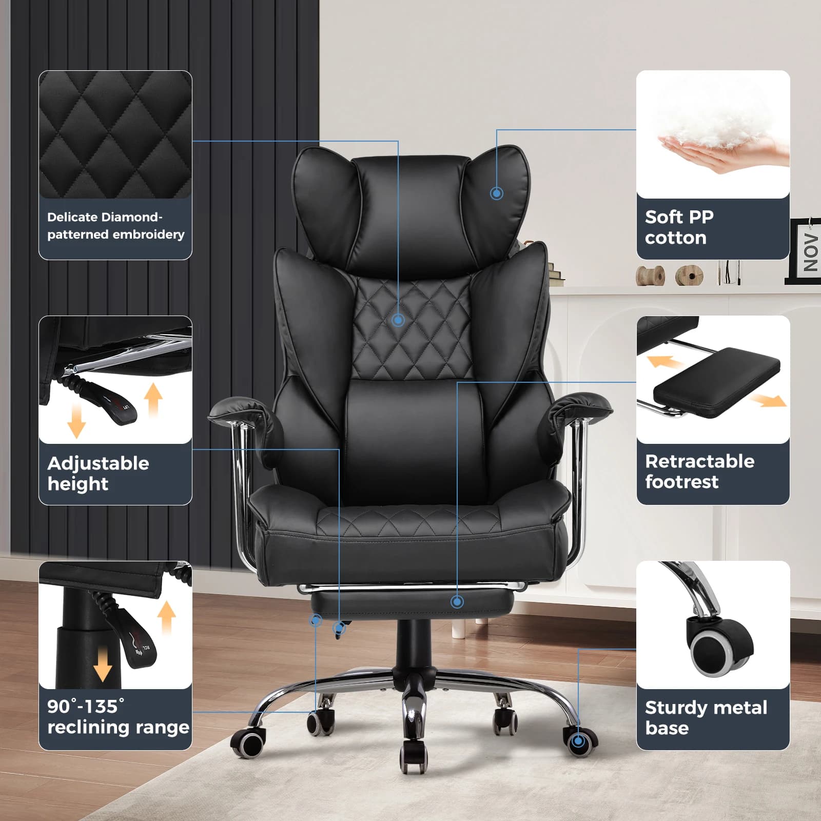 and Tall Office Chair | Pocket Spring Lumbar Support | Ergonomic Gaming Chair with Footrest - Thumbnail 5