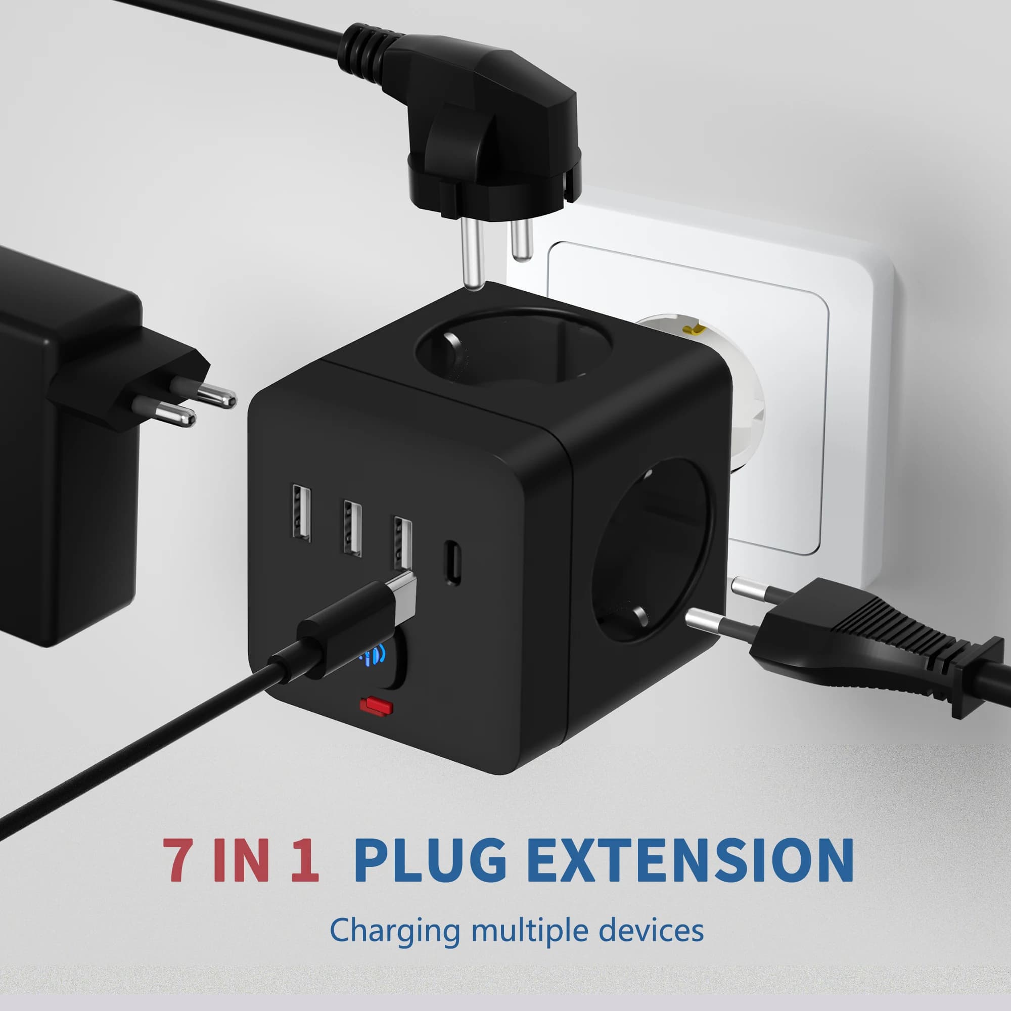 7-in-1 Desktop Charging Station | EU Power Strip with Surge Protection & 3 USB Ports - Thumbnail 2