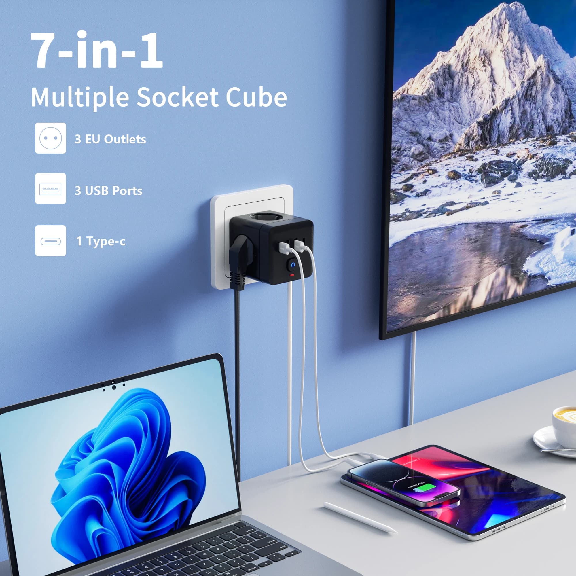 7-in-1 Desktop Charging Station | EU Power Strip with Surge Protection & 3 USB Ports - Thumbnail 4