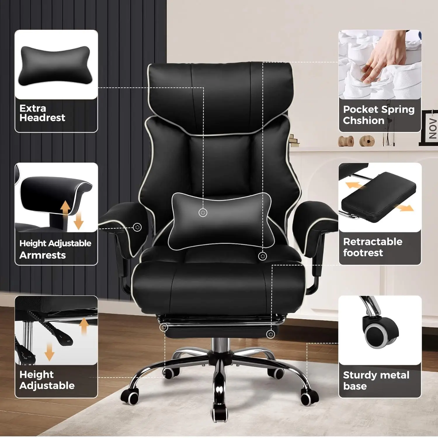 Heavy-Duty Executive Office Chair | 400lb Capacity & Pocket Spring Cushion | Big and Tall Ergonomic Leather Chair - Thumbnail 6