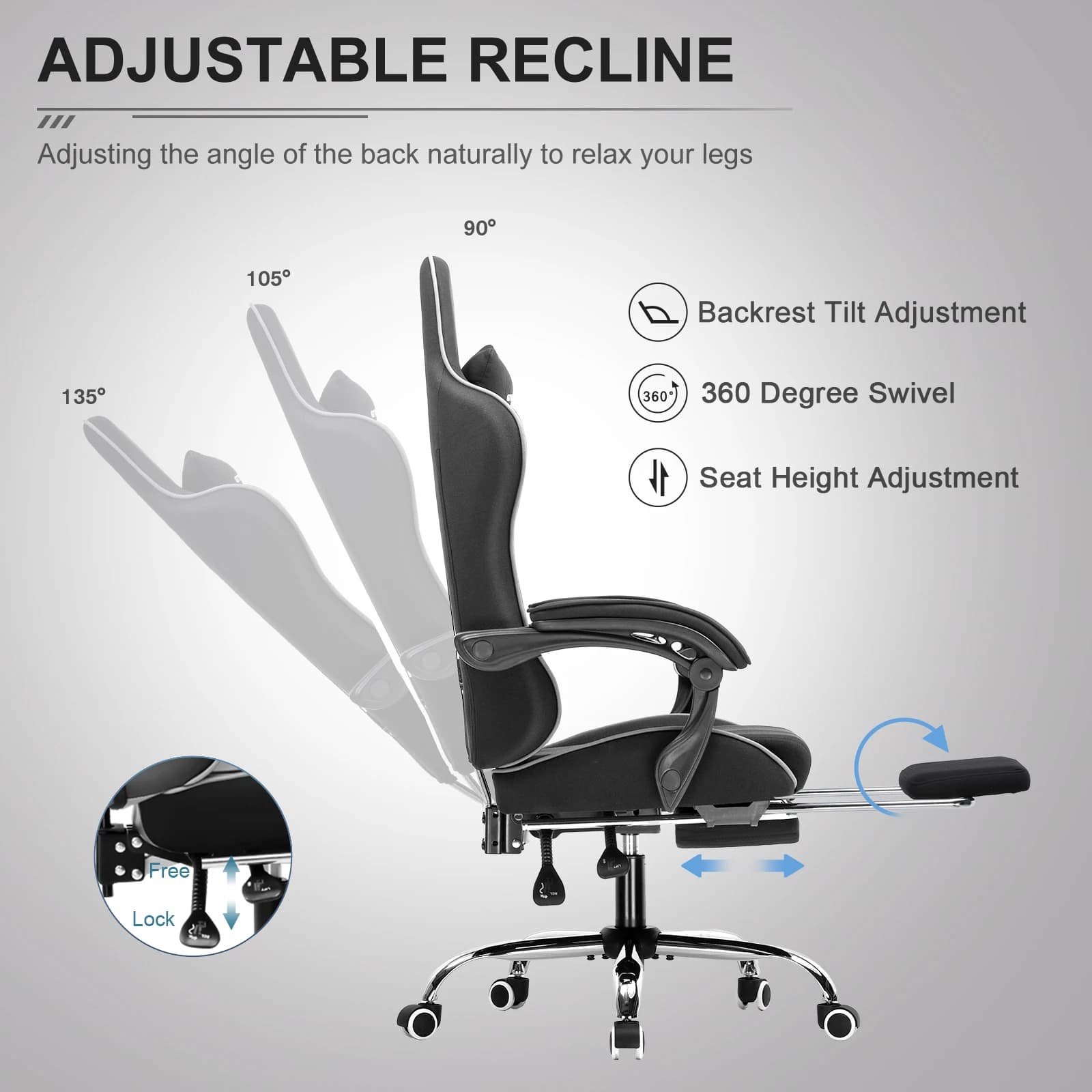 Gaming Chair | Adjustable Height with Headrest & Footrest | Office and Video Game Use - Thumbnail 5