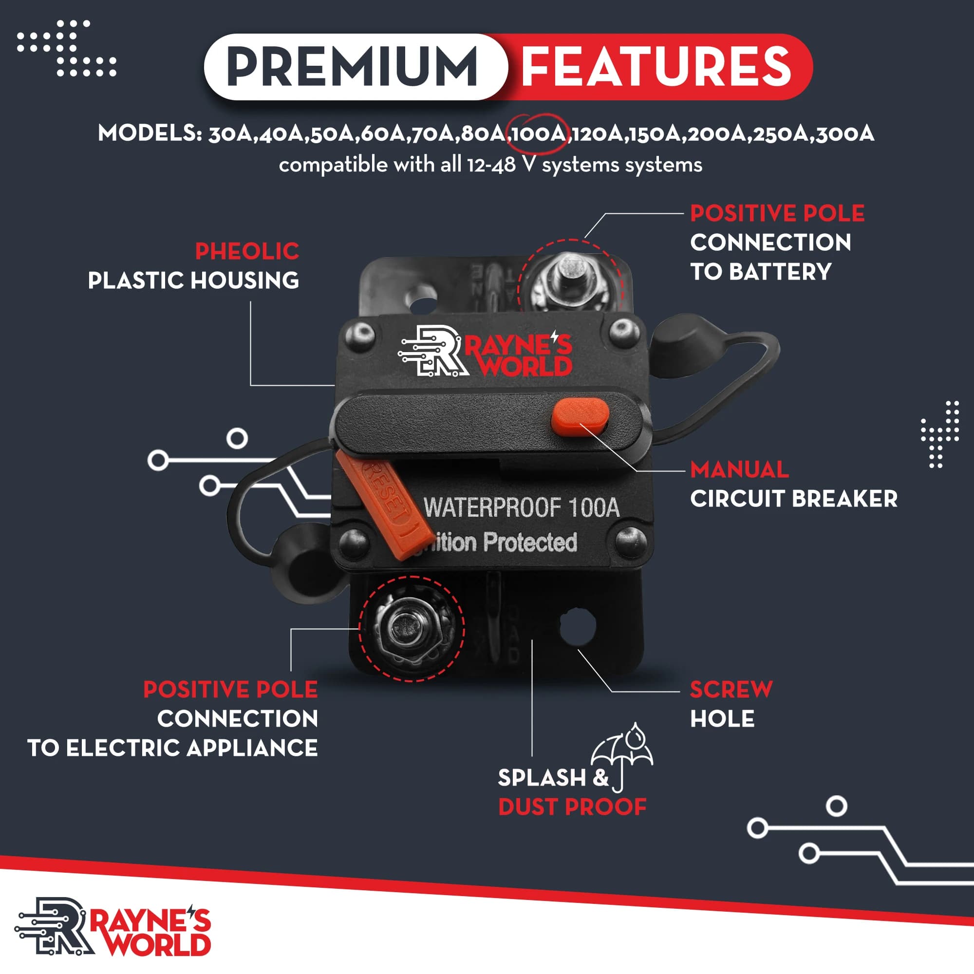 30-300 Amp Circuit Breaker | 12-48V DC Manual Reset | Waterproof for Marine, RV & Solar Systems - Thumbnail 2