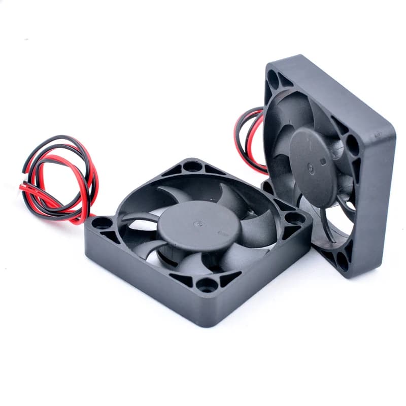 ACP5010 50mm cooling fan in black, showing its compact 50x50x10mm size and 2-pin connector for DC power supplies.