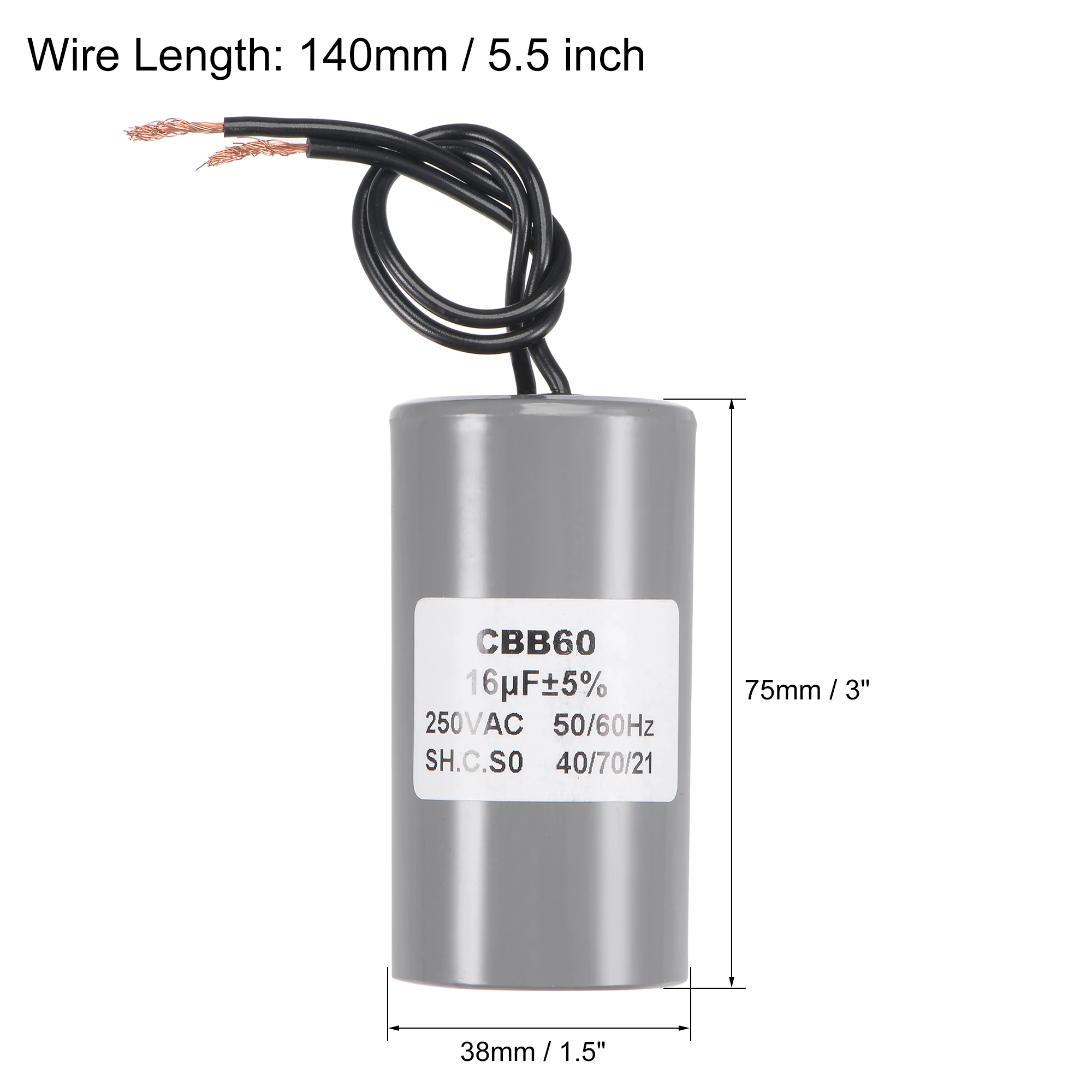 CBB60 Run Capacitor 16uF 250V AC 2 Wires 50/60Hz Cylinder Motor Running Capacitor 75x38mm for Air Compressor Water Pump Motors - Thumbnail 2