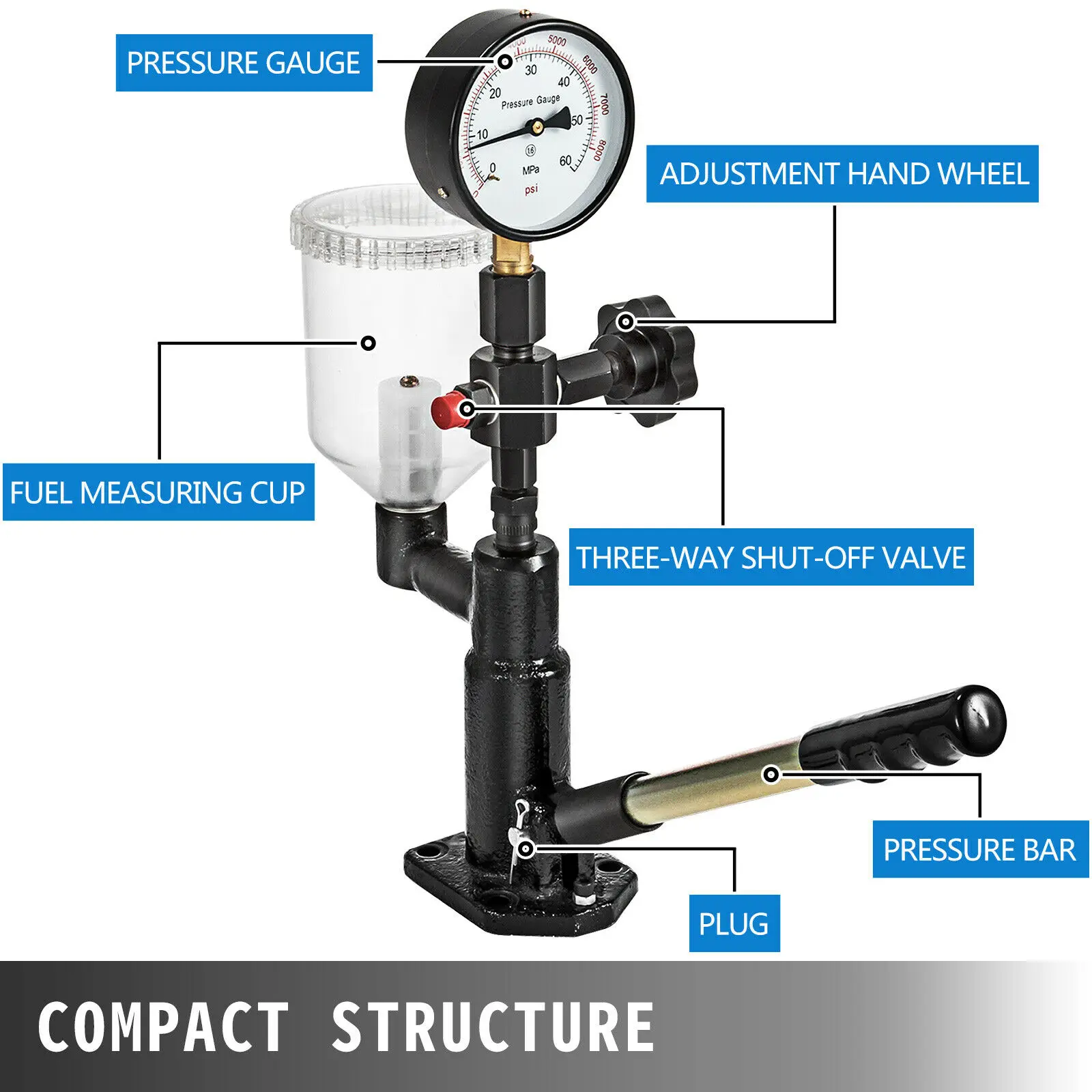 Fuel Injector Tester | 0-600 bar / 0-8,000 psi Dual Scale | Nozzle Pressure Adjustment - Thumbnail 4
