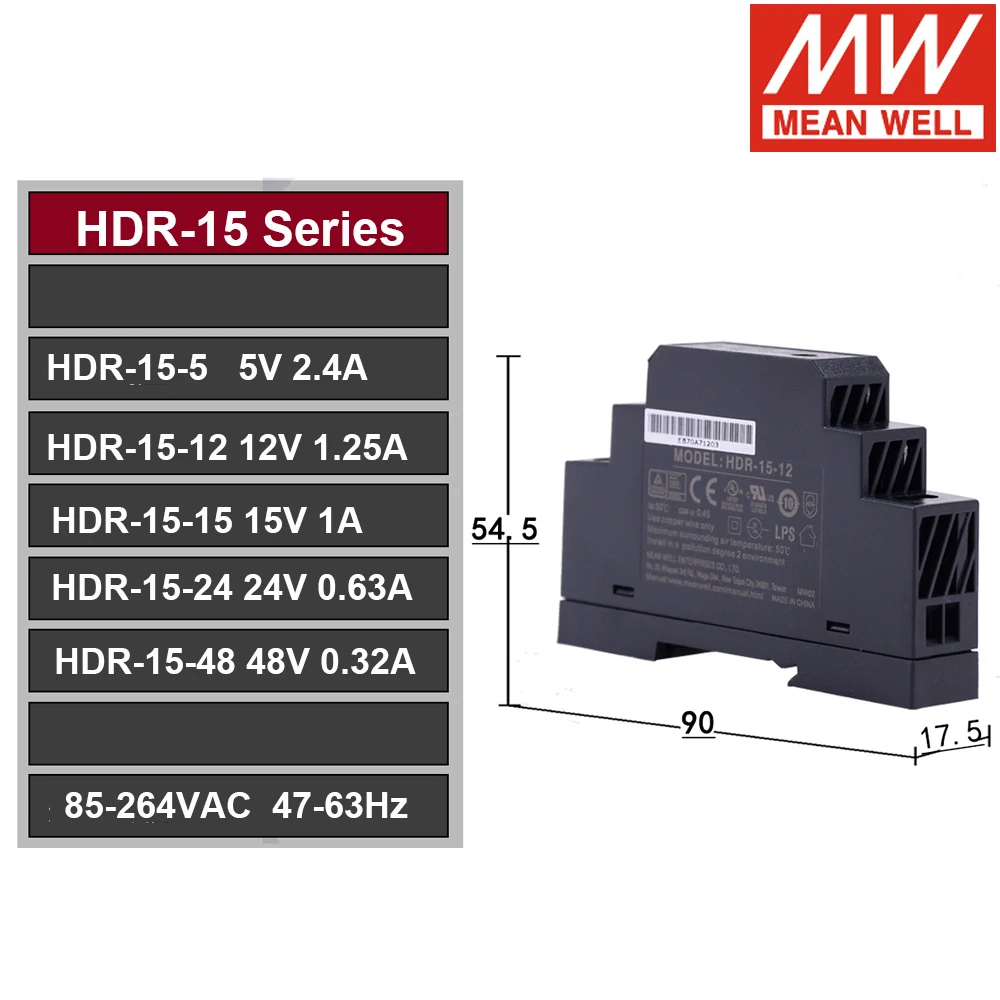 WELL DIN Rail Power Supply | Slim LED Driver | 5V-48V DC Output | HDR Series (15-150W) - Thumbnail 2