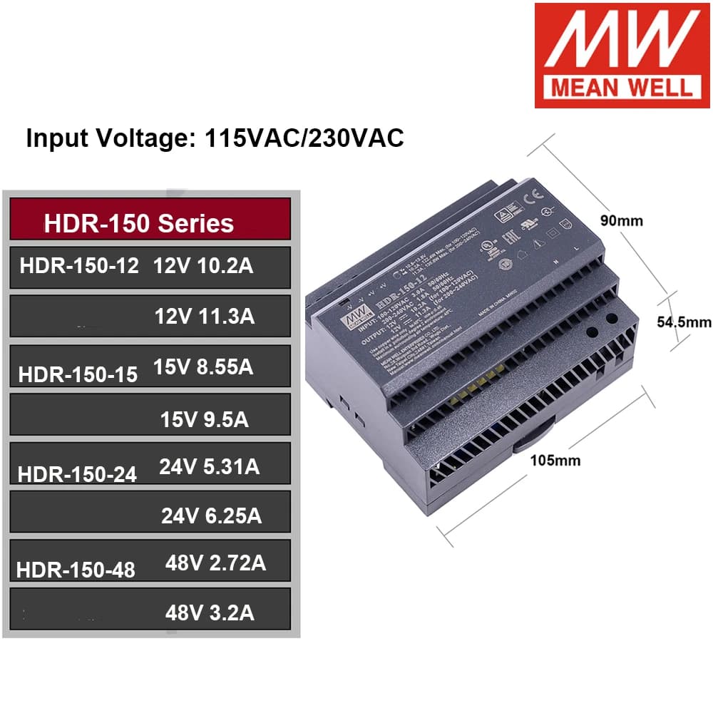 WELL DIN Rail Power Supply | Slim LED Driver | 5V-48V DC Output | HDR Series (15-150W) - Thumbnail 5
