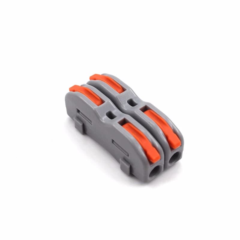Universal compact 2 pin wire connector for splicing LED lighting and electrical wires, featuring a quick-connect guide rail design.