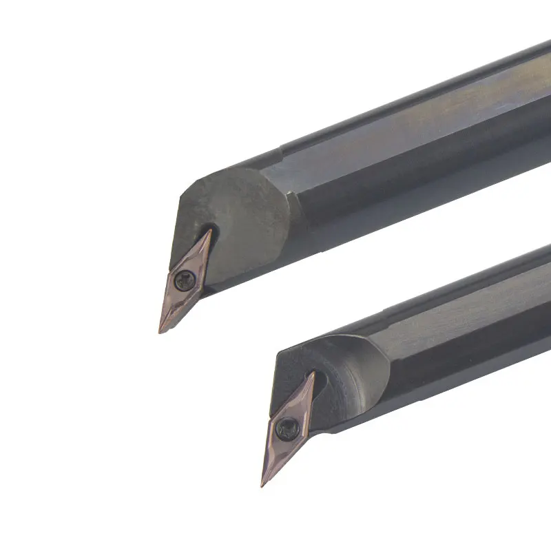 SVQCR SVQBR lathe cutter internal turning tool holder with VBMT VCMT carbide insert for CNC machining, precision boring bar on gray background.