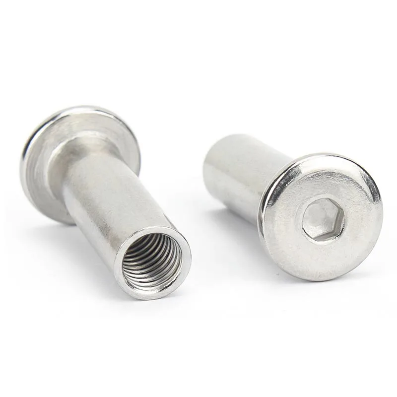 304 stainless steel flat hex socket head connector nuts, sizes M2-M10, for furniture table, cot, and bed sleeve insert applications.
