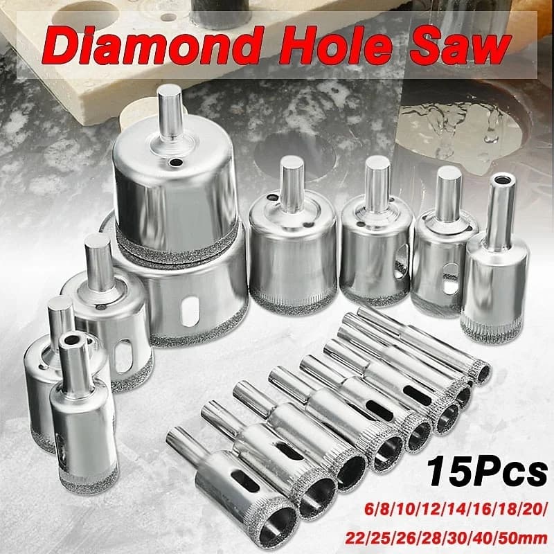 Diamond Hole Saw Kit | 15-Piece Set for Glass, Tile & Stone | 6mm-50mm Core Bits - Thumbnail 5