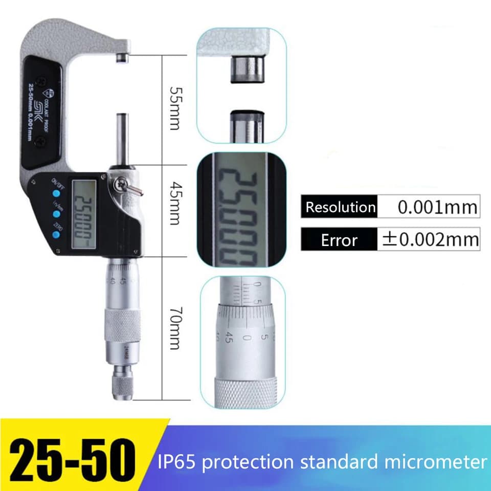 Outside Micrometer | IP65 Water Resistant | 0.001mm Precision Gauge - Thumbnail 4