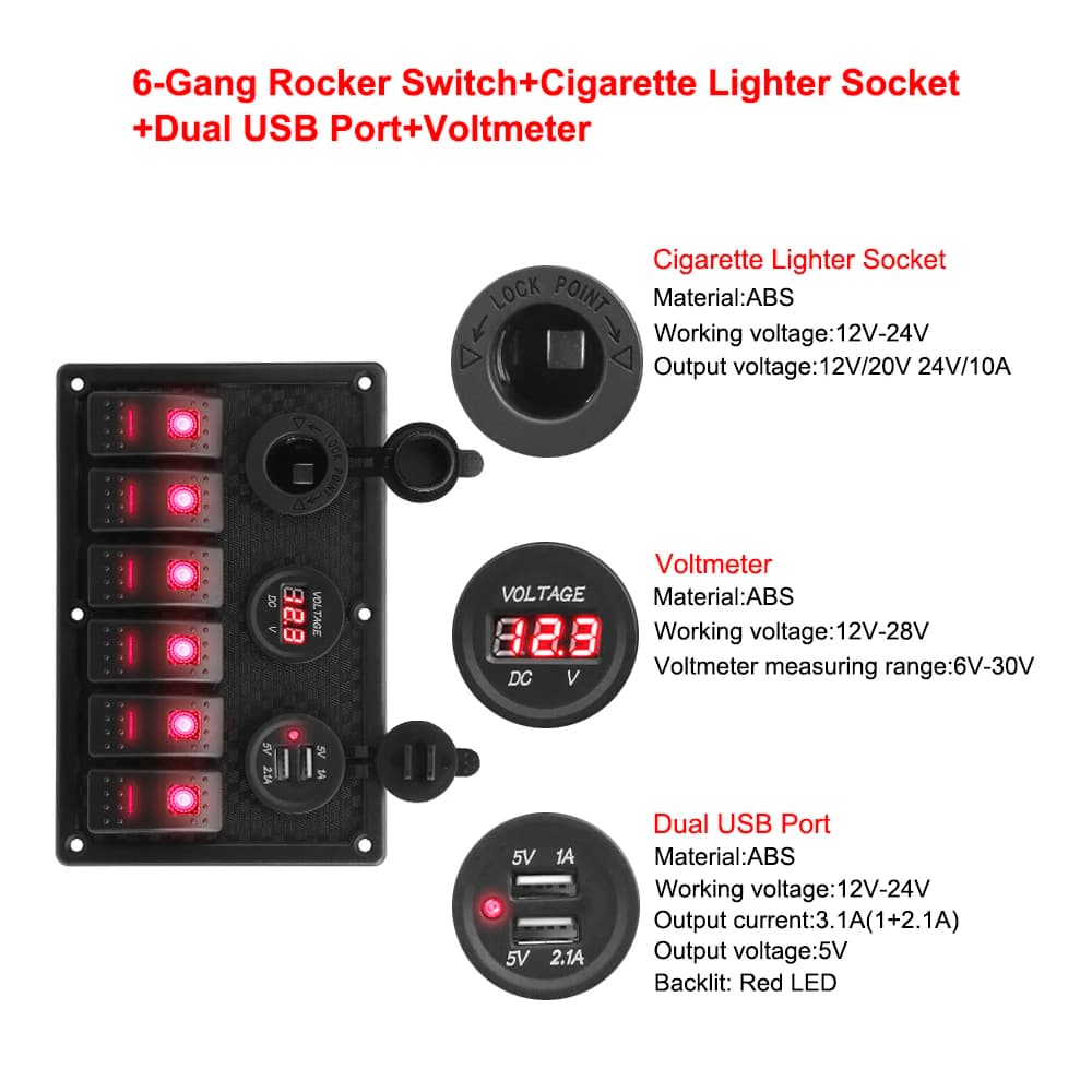 6-Gang Marine Switch Panel | 12V/24V Digital Voltmeter & Dual USB 3.0 Chargers - Thumbnail 2
