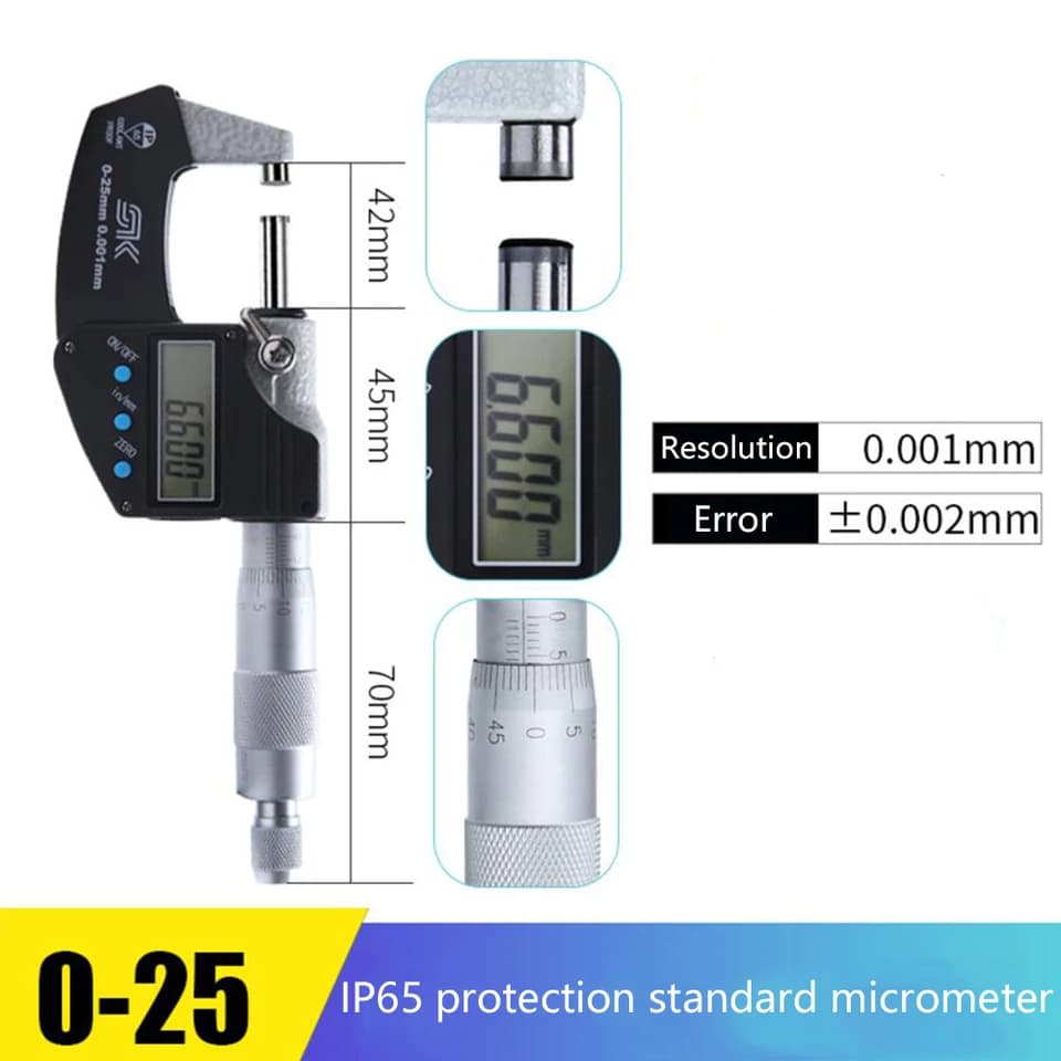 Outside Micrometer | IP65 Water Resistant | 0.001mm Precision Gauge - Thumbnail 3