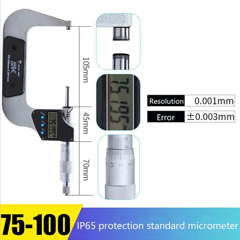Outside Micrometer | IP65 Water Resistant | 0.001mm Precision Gauge - Thumbnail 6