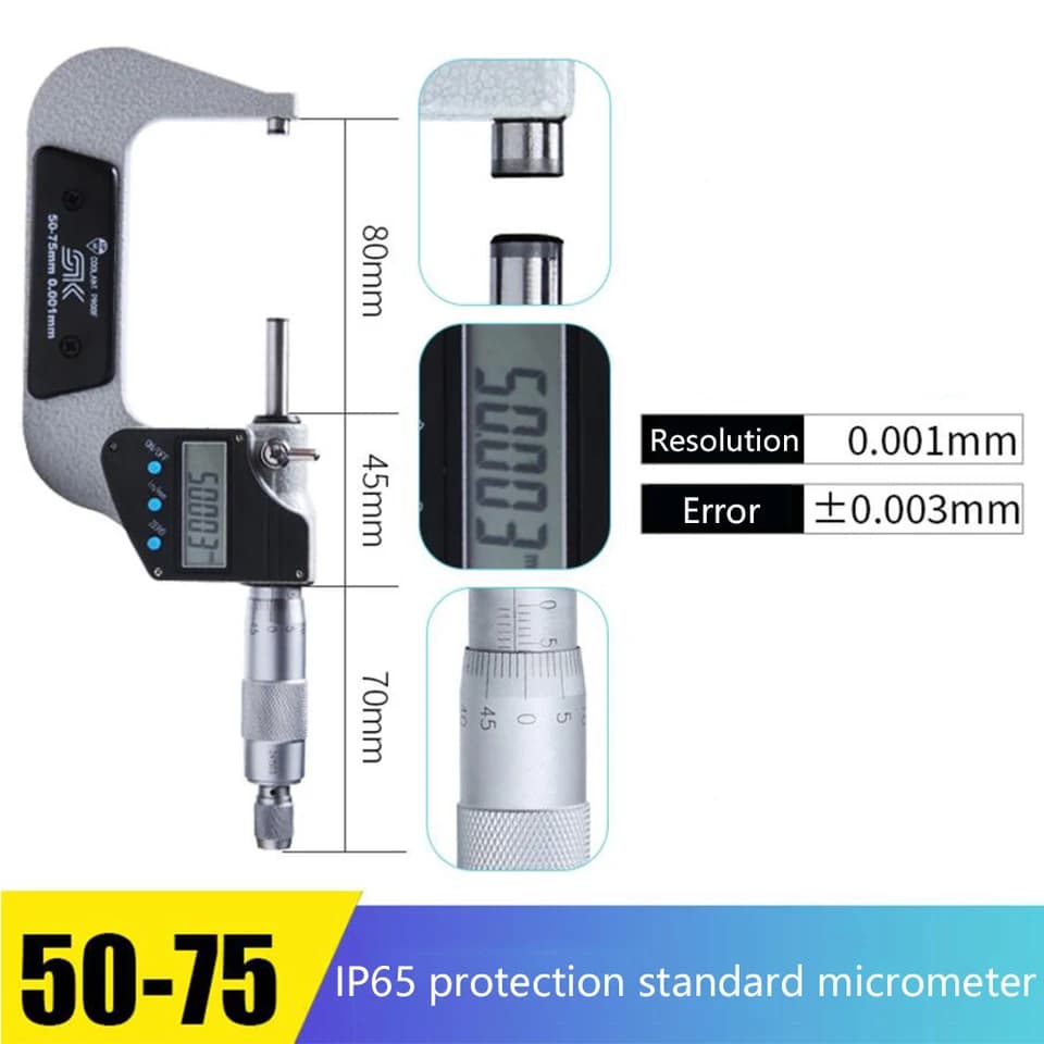 Outside Micrometer | IP65 Water Resistant | 0.001mm Precision Gauge - Thumbnail 5