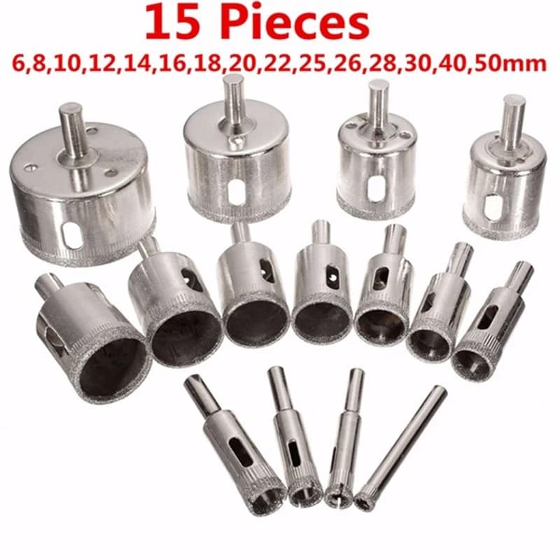 Diamond Hole Saw Kit | 15-Piece Set for Glass, Tile & Stone | 6mm-50mm Core Bits - Thumbnail 2