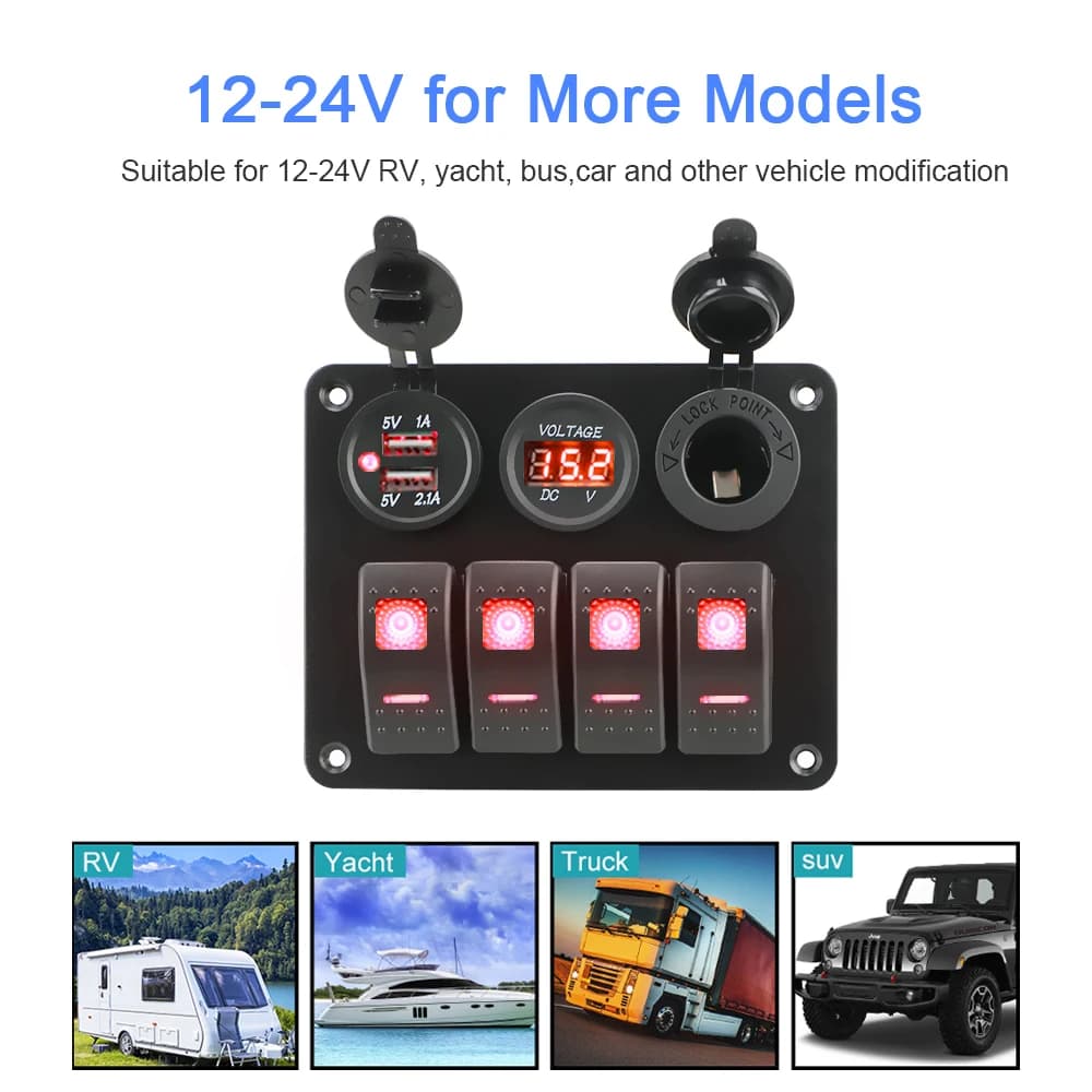Marine-Grade Switch Panel with Voltmeter & USB 3.0 Chargers | 12V/24V for Boat, RV, & Caravan - Thumbnail 2