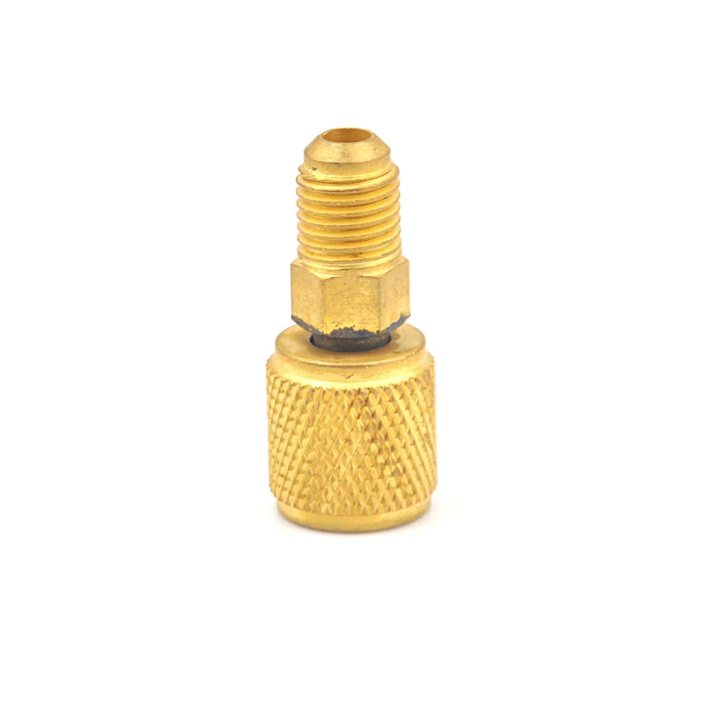 Brass R410a air conditioner adapter fitting with 1/4 inch SAE flare connection for HVAC installation and refrigerant service.