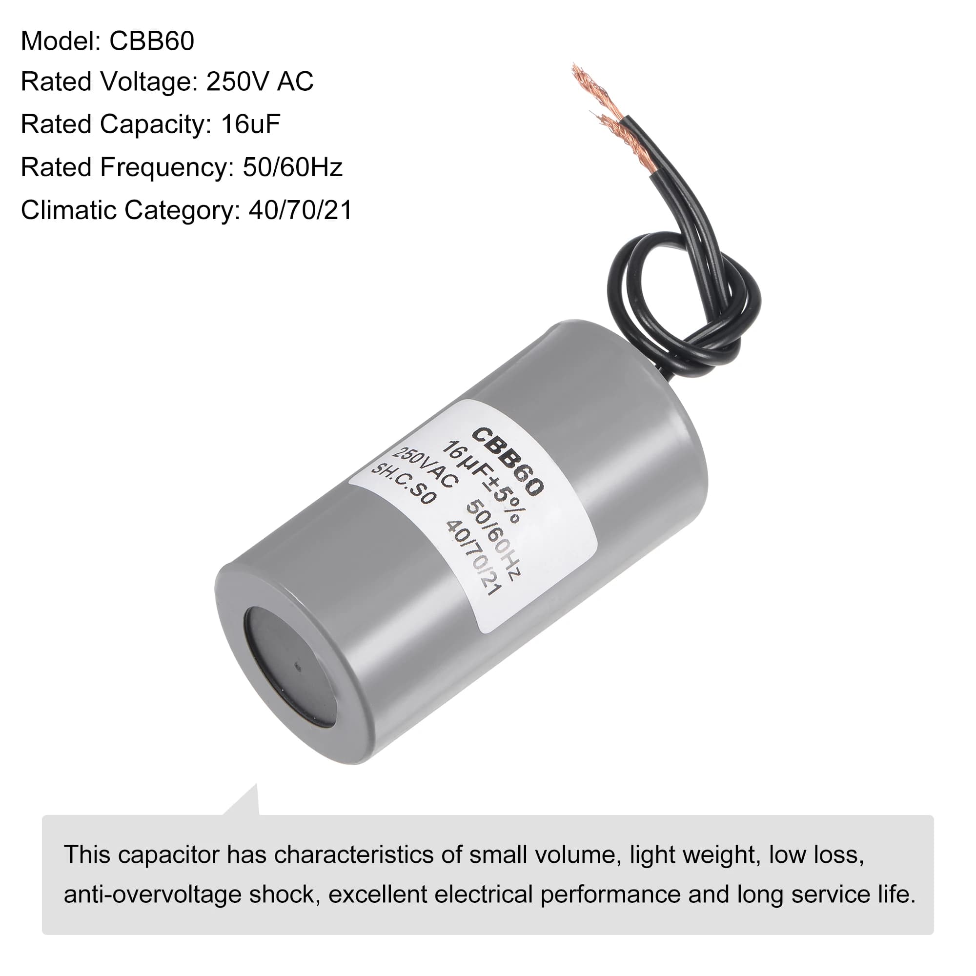 CBB60 Run Capacitor 16uF 250V AC 2 Wires 50/60Hz Cylinder Motor Running Capacitor 75x38mm for Air Compressor Water Pump Motors - Thumbnail 3