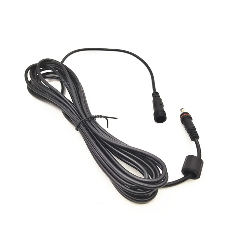 DC5.5X2.1mm 12V DC power extension cable, 5 meters long with black waterproof connector nut for vehicle or equipment power supply.