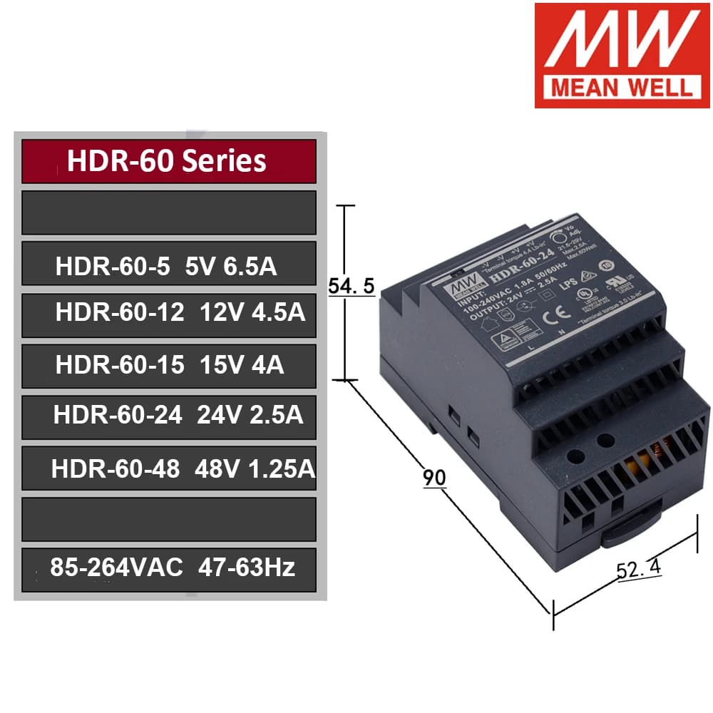 WELL DIN Rail Power Supply | Slim LED Driver | 5V-48V DC Output | HDR Series (15-150W) - Thumbnail 4