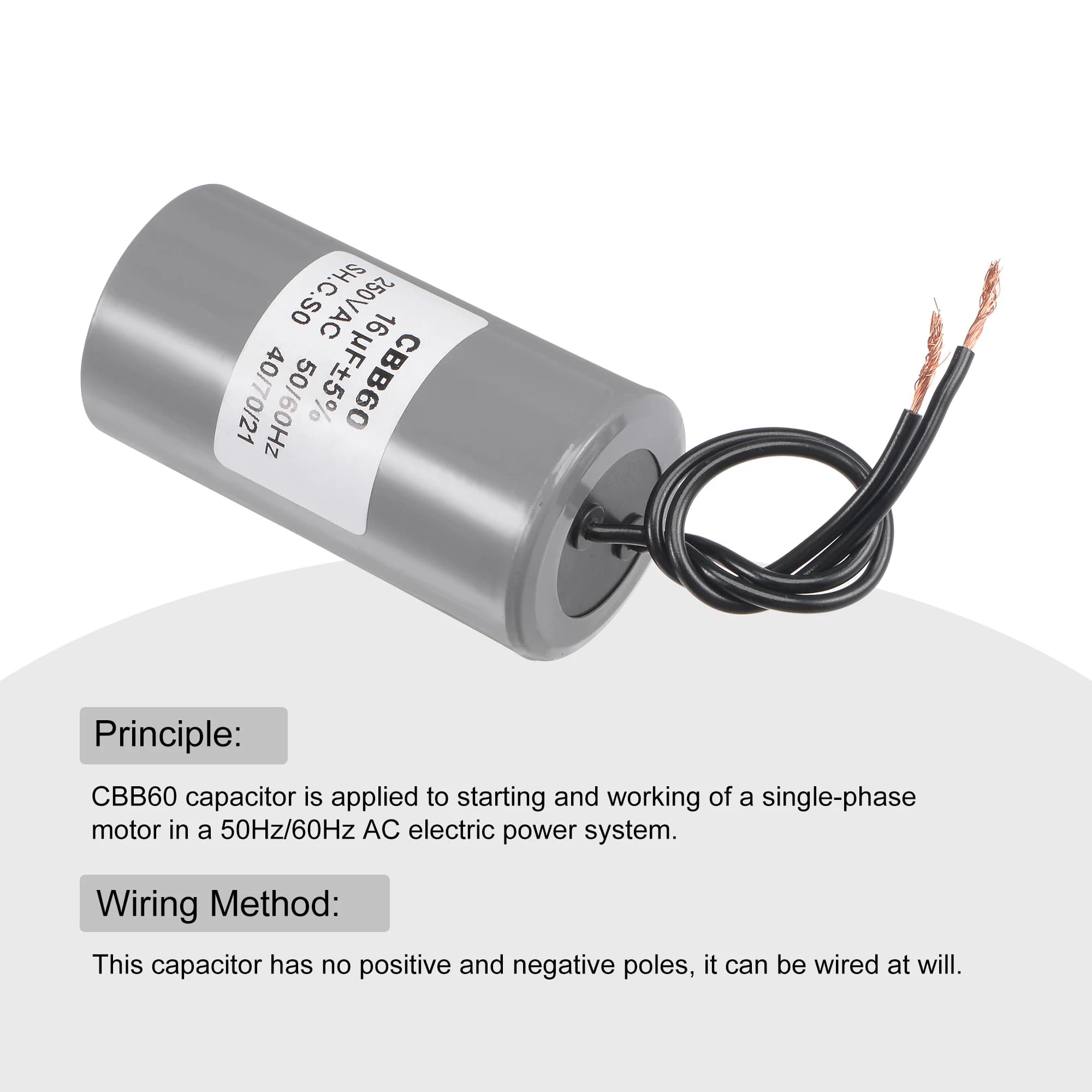 CBB60 Run Capacitor 16uF 250V AC 2 Wires 50/60Hz Cylinder Motor Running Capacitor 75x38mm for Air Compressor Water Pump Motors - Thumbnail 4