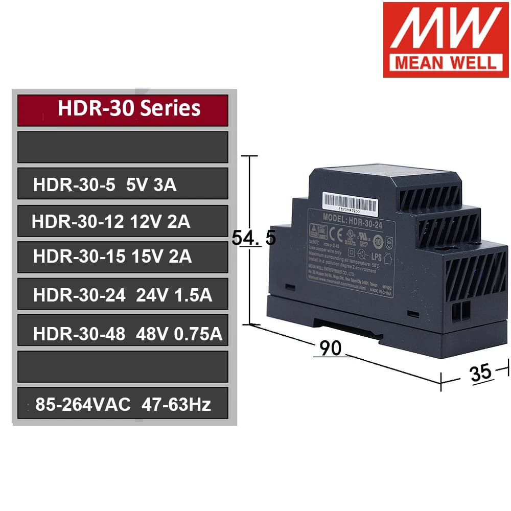 WELL DIN Rail Power Supply | Slim LED Driver | 5V-48V DC Output | HDR Series (15-150W) - Thumbnail 3