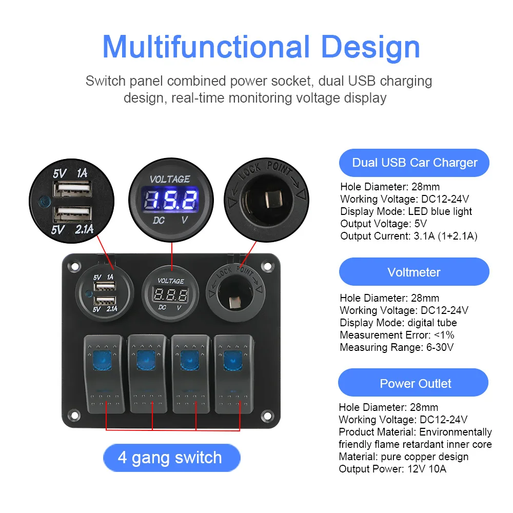Marine-Grade Switch Panel with Voltmeter & USB 3.0 Chargers | 12V/24V for Boat, RV, & Caravan - Thumbnail 3