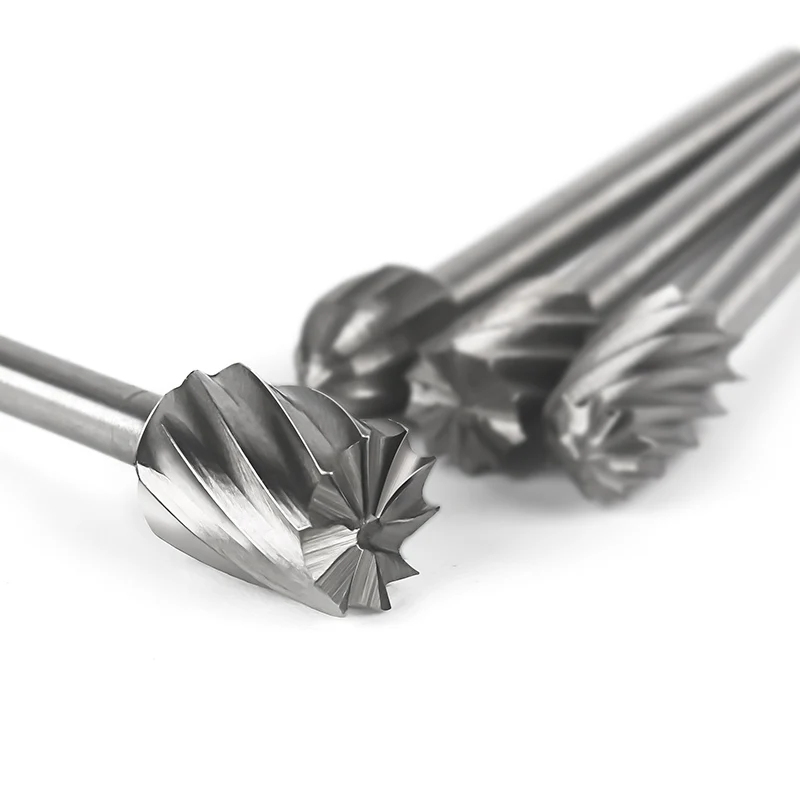 Set of 6 or 10 HSS rotary burr mill cutters for routing, engraving, and woodworking, compatible with Dremel and similar rotary tools.