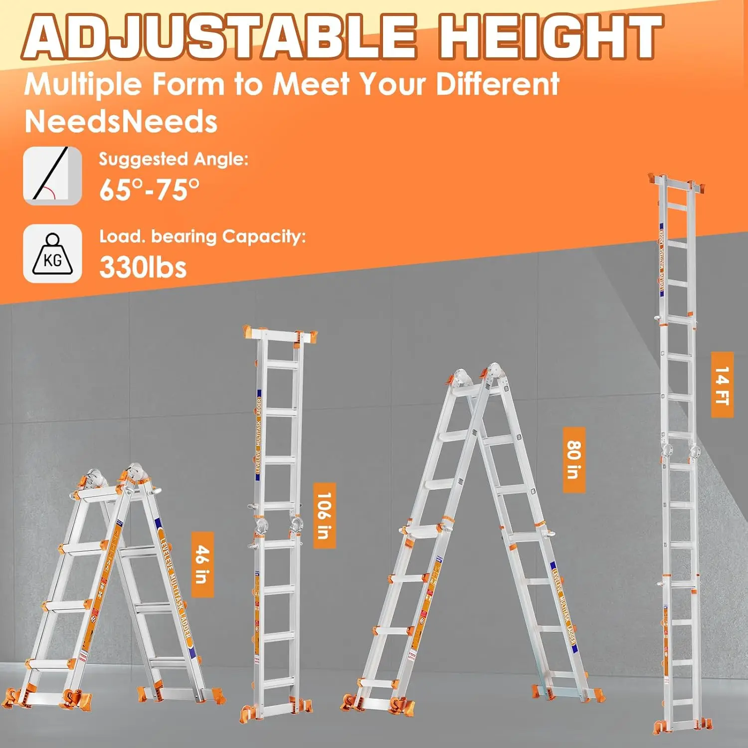 14FT Telescoping A-Frame Ladder | Multi-Position with Stabilizer Bar & Wheels | 330 lbs Capacity - Thumbnail 3