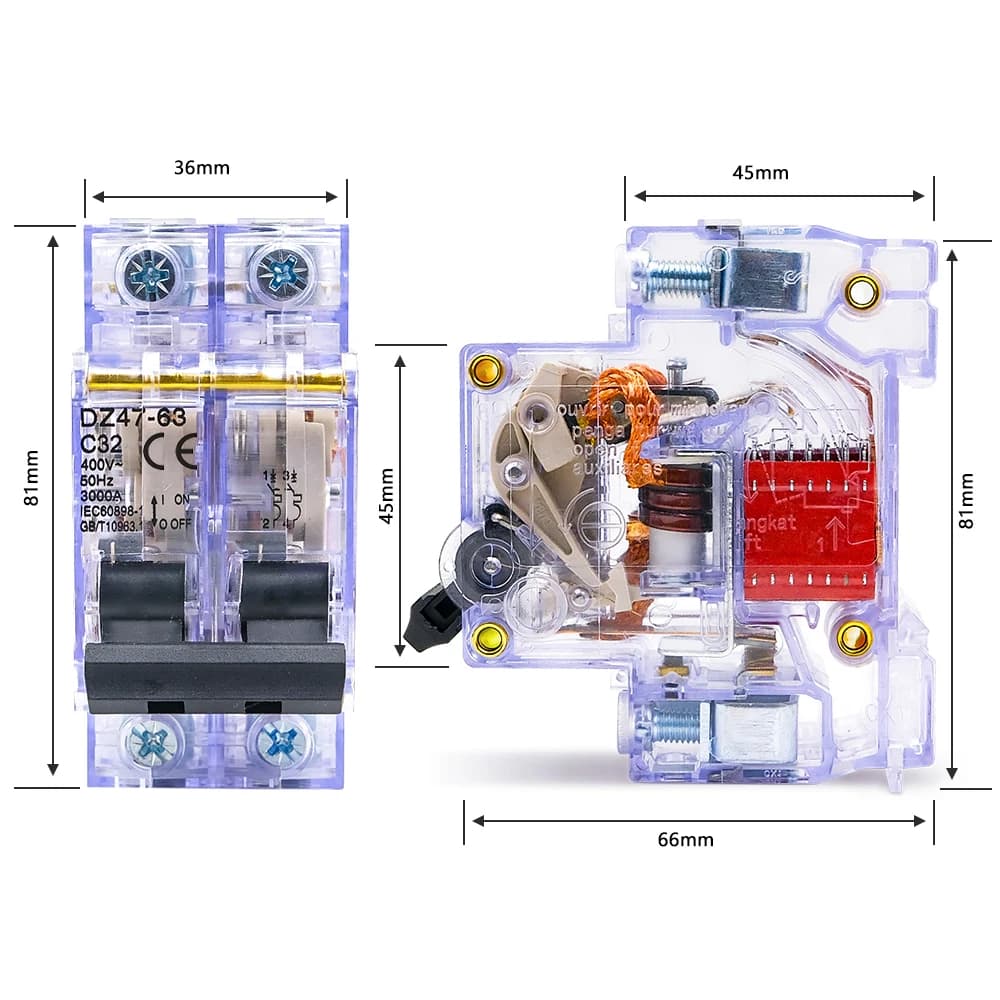 2-Pole Circuit Breaker | 16A-63A DIN Rail Mount | 230V/400V Overload Protection - Thumbnail 4