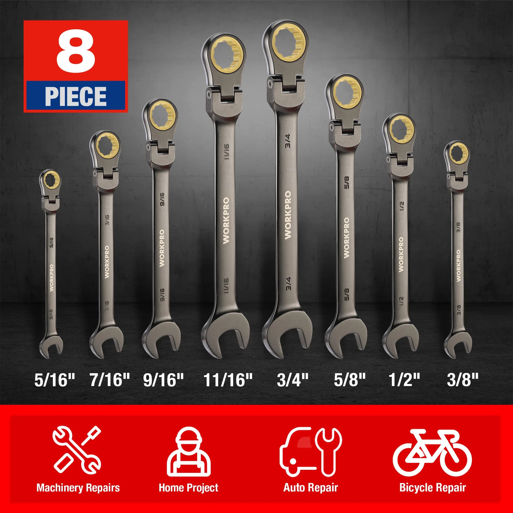 Flex-Head Ratcheting Wrench Set | 8-Piece SAE (5/16-3/4) | 72-Tooth Precision | CR-V Steel - Thumbnail 3
