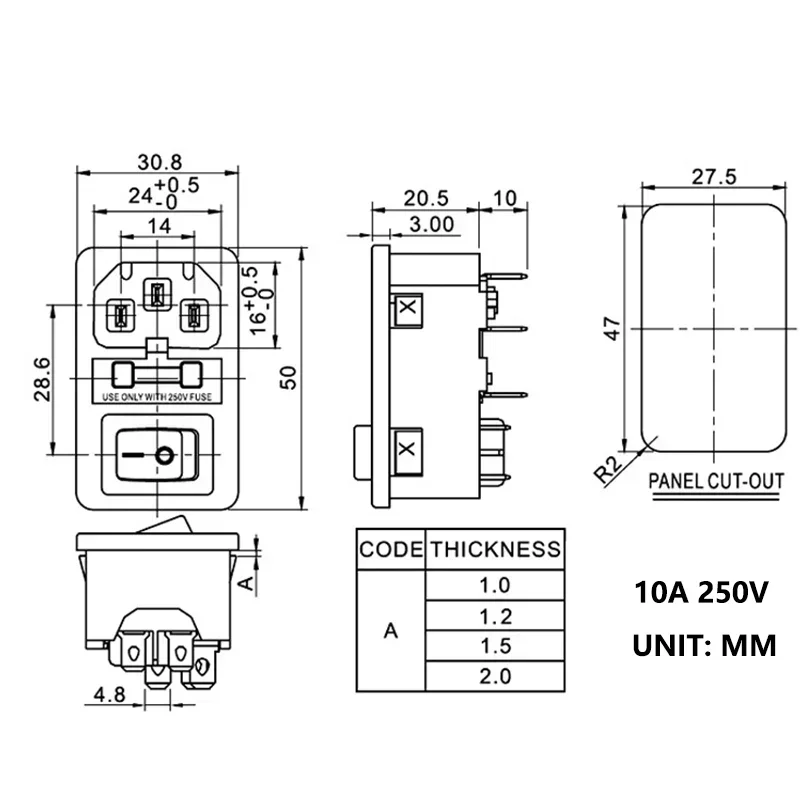Rocker Switch with Red LED Indicator | 10A Fuse Protection | AC Power Socket Connector - Thumbnail 3