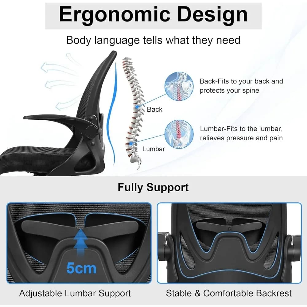 Office Chair with Footrest Ring | Ergonomic Desk Chair & Flip-Up Armrests | Adjustable Lumbar Support - Thumbnail 5