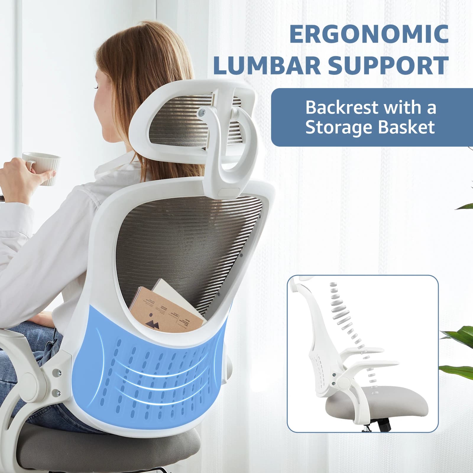 Mesh Office Chair | Flip-up Arms & Adjustable Headrest | Home Computer Desk Chair - Thumbnail 3