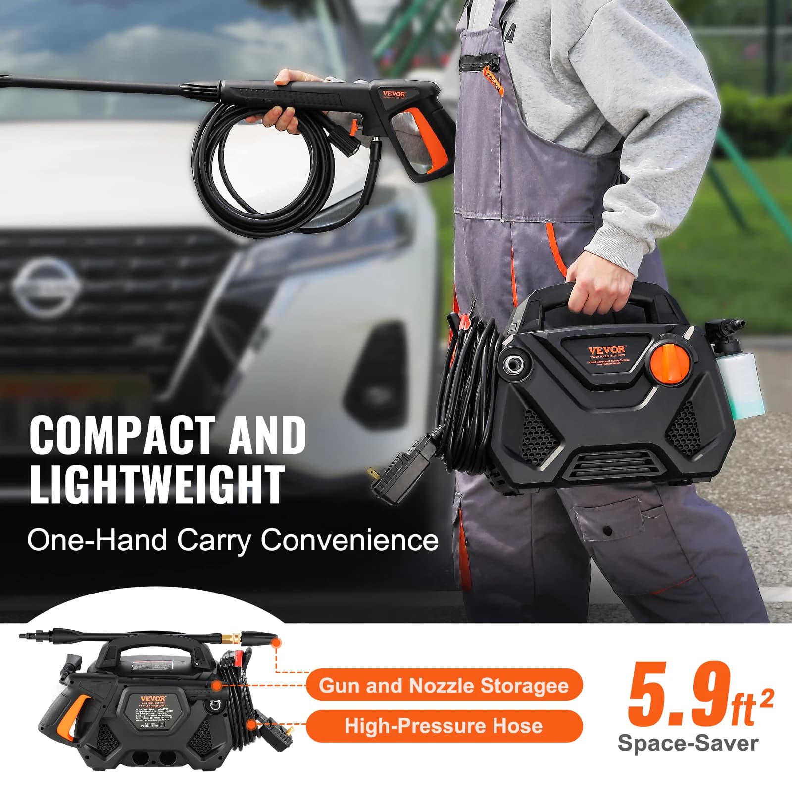 2150 PSI Electric Pressure Washer | 1.85 GPM with Foam Cannon | 5 Nozzles, 20ft Hose & 35ft Power Cord - Thumbnail 6
