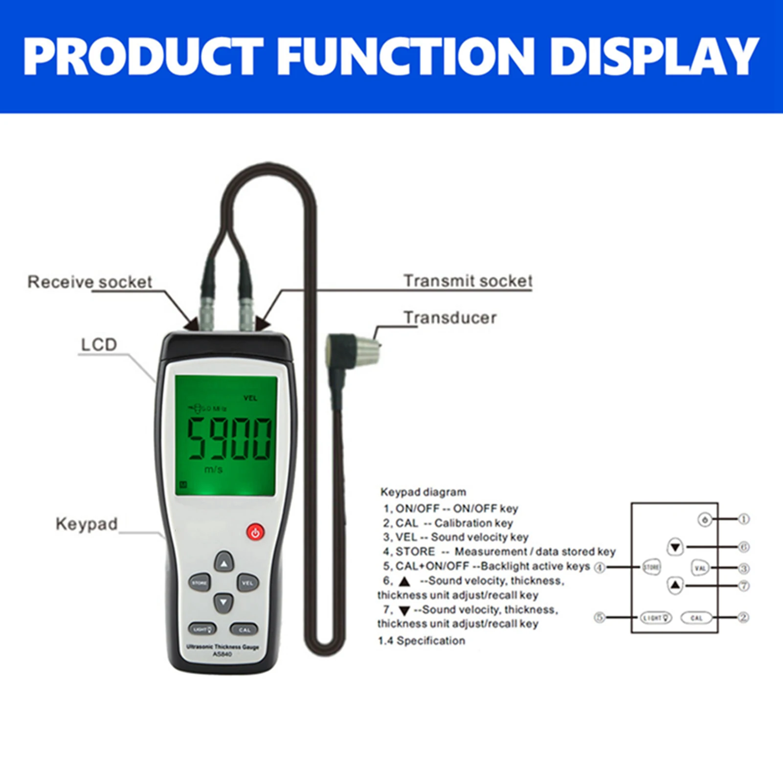 Ultrasonic Thickness Gauge with Sound Velocity Meter - AS840 Metal Depth Tester - Thumbnail 2