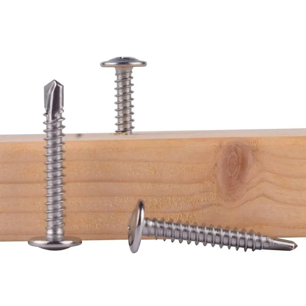 Pack of stainless steel self-drilling screws in M4.2 and M4.8 sizes with flat head TEK design for metal and wood construction.