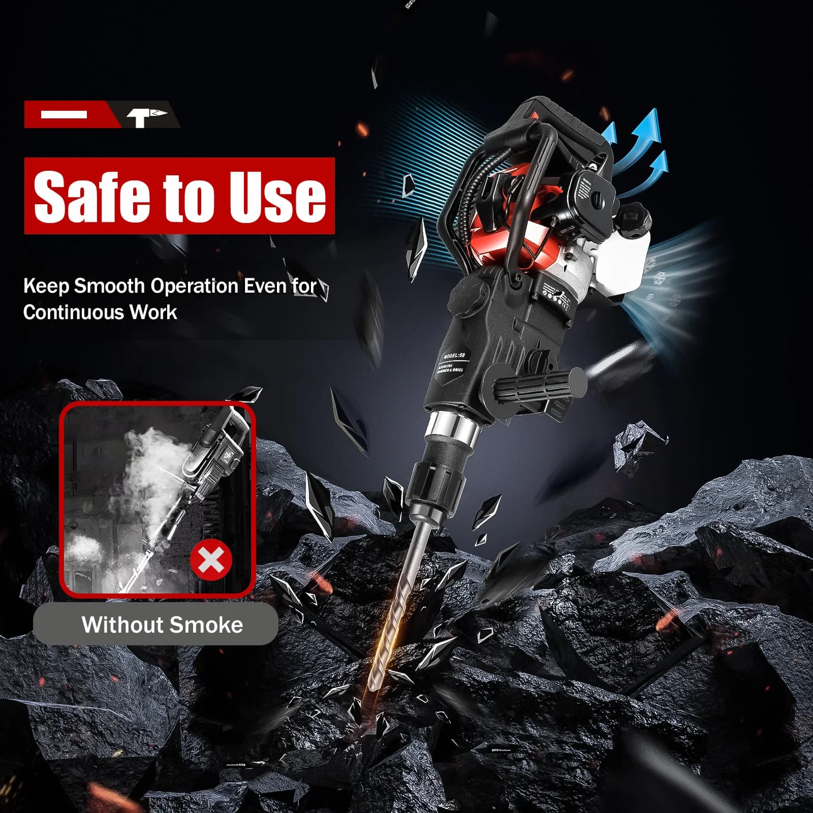 33cc Demolition Jackhammer | 2-Stroke Gas-Powered | Heavy-Duty Drilling & Crushing - Thumbnail 6