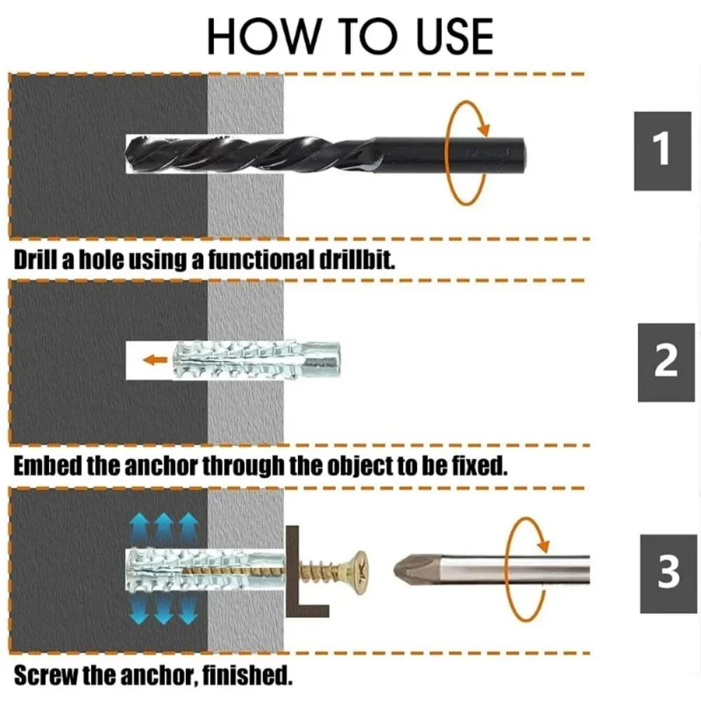 Self-Tapping Screw Expansion Bolt Kit | For Hollow Walls, Tile & Drywall | 10-500 Set Pipe Plug Anchors - Thumbnail 3