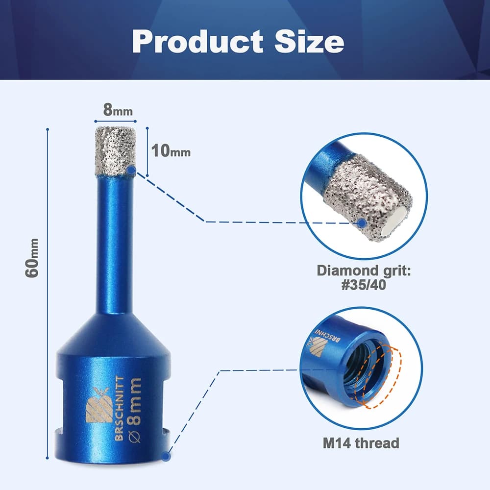 BRSCHNITT Diamond Drills Bit M14 Thread 8mm  Porcelain Cutter Tile Crowns Drilling core bit Hole Saw For Granite Marble Stone - Thumbnail 2