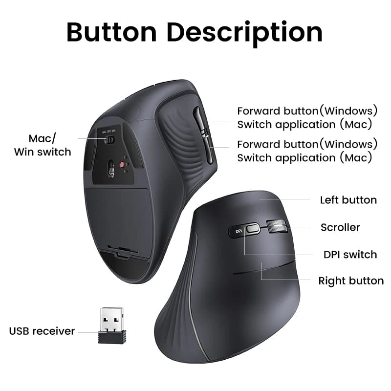 Ergonomic Vertical Mouse | Wireless Bluetooth 5.0 & 2.4G | 4000 DPI for MacBook & PC - Thumbnail 6