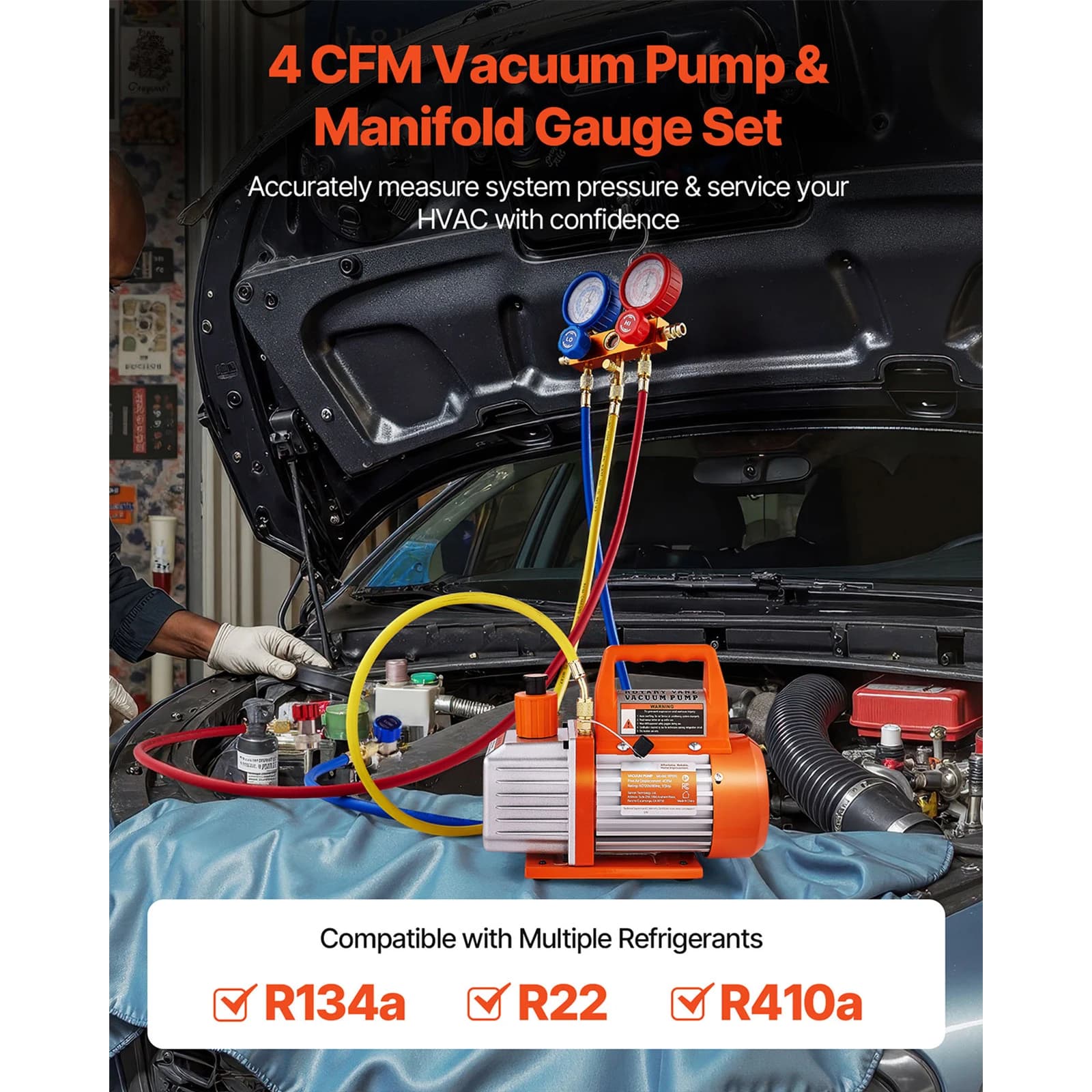 AC Vacuum Pump & Gauge Set | 4 CFM 1/3 HP Single Stage | For R134a R22 R410a Refrigerants - Thumbnail 5