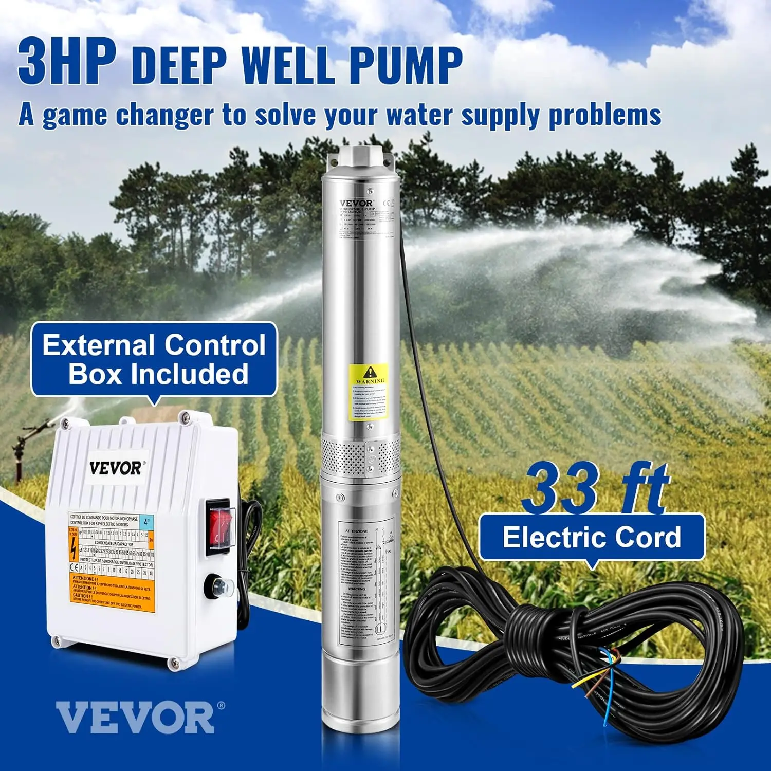 3HP Deep Well Pump | 37GPM 640 ft Head | 4 Inch Stainless Steel - Thumbnail 2