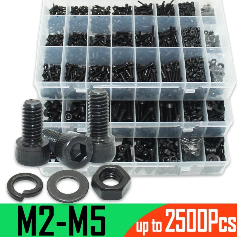 12.9 Hex Socket Screw Kit | DIN912 Black Carbon Steel Allen Bolts | M2-M6 Machine Screws with Nuts - Thumbnail 2