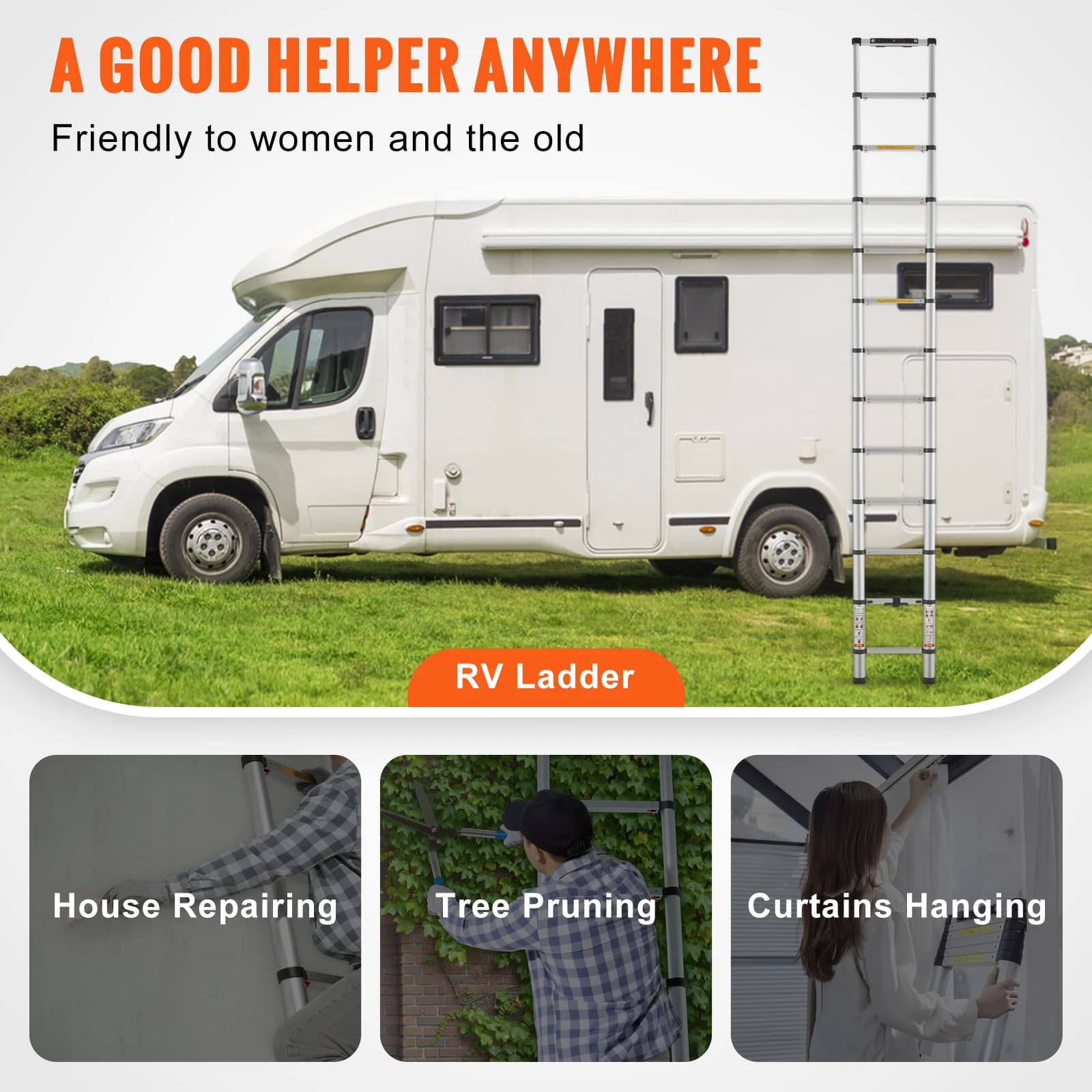 Ladder 12.5 FT | One-Button Retraction & Non-Slip | 375 lbs Capacity for Home & RV - Thumbnail 6